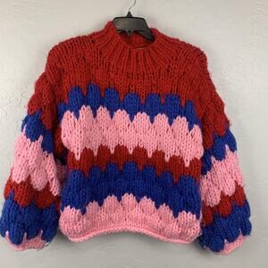 Chicwish Sweater Handmade Womens Large Red Blue Pink Chunky Knit Pullover